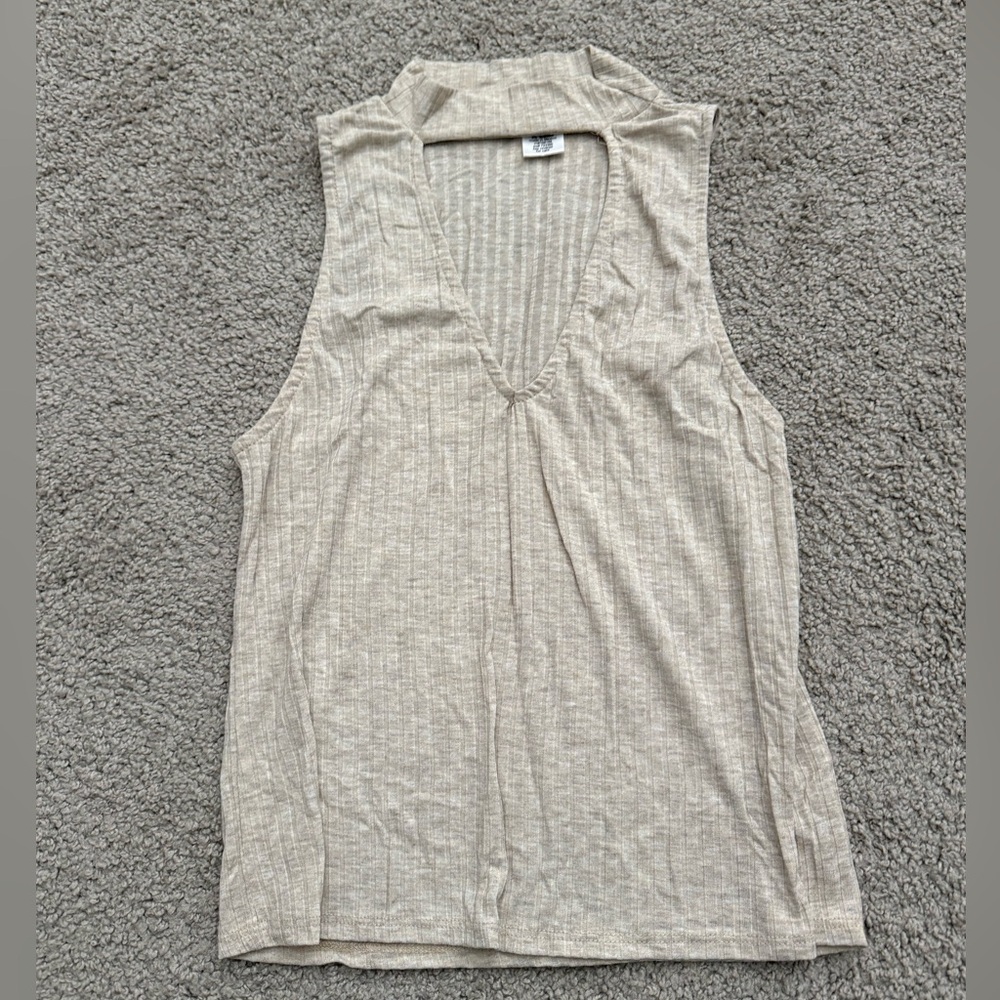 Tan Ribbed Sleeveless Tank Top with Notched Collar